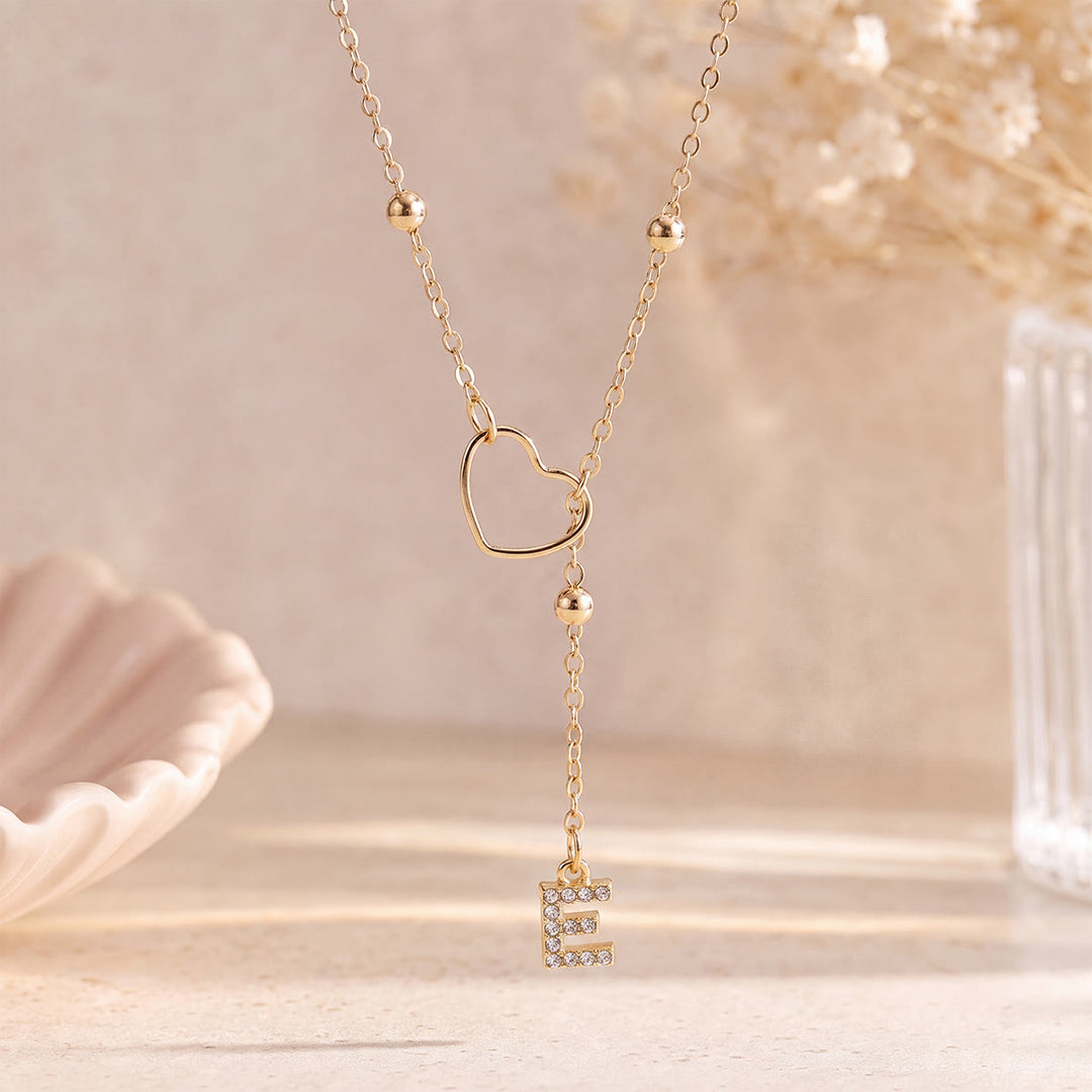 HilalHaven Hollow Heart Slider Frame Personalized Crystal Letter Minimal Beaded Necklace - Golden - E - image 4