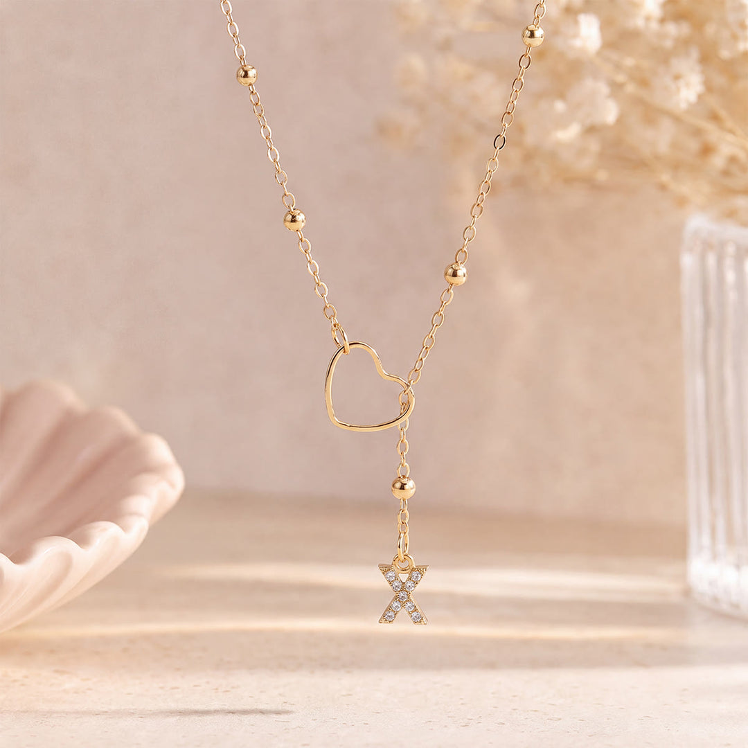 HilalHaven Hollow Heart Slider Frame Personalized Crystal Letter Minimal Beaded Necklace - Golden - X - image 23