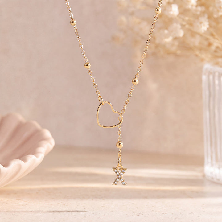 HilalHaven Hollow Heart Slider Frame Personalized Crystal Letter Minimal Beaded Necklace - Golden - X - image 23