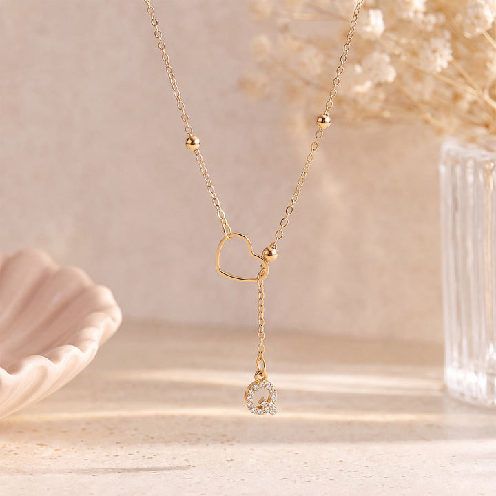 HilalHaven Hollow Heart Slider Frame Personalized Crystal Letter Minimal Beaded Necklace - Golden - Q - image 16