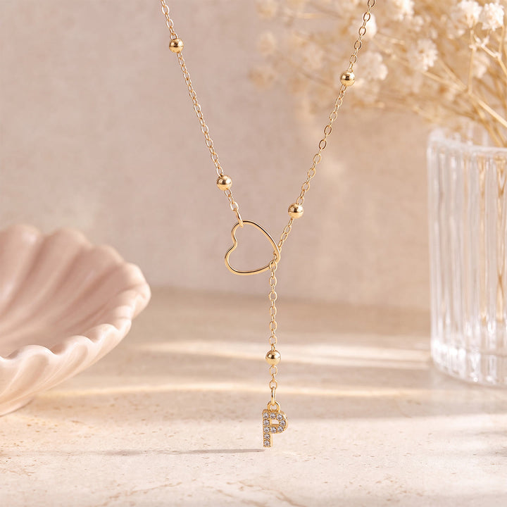 HilalHaven Hollow Heart Slider Frame Personalized Crystal Letter Minimal Beaded Necklace - Golden - P - image 15