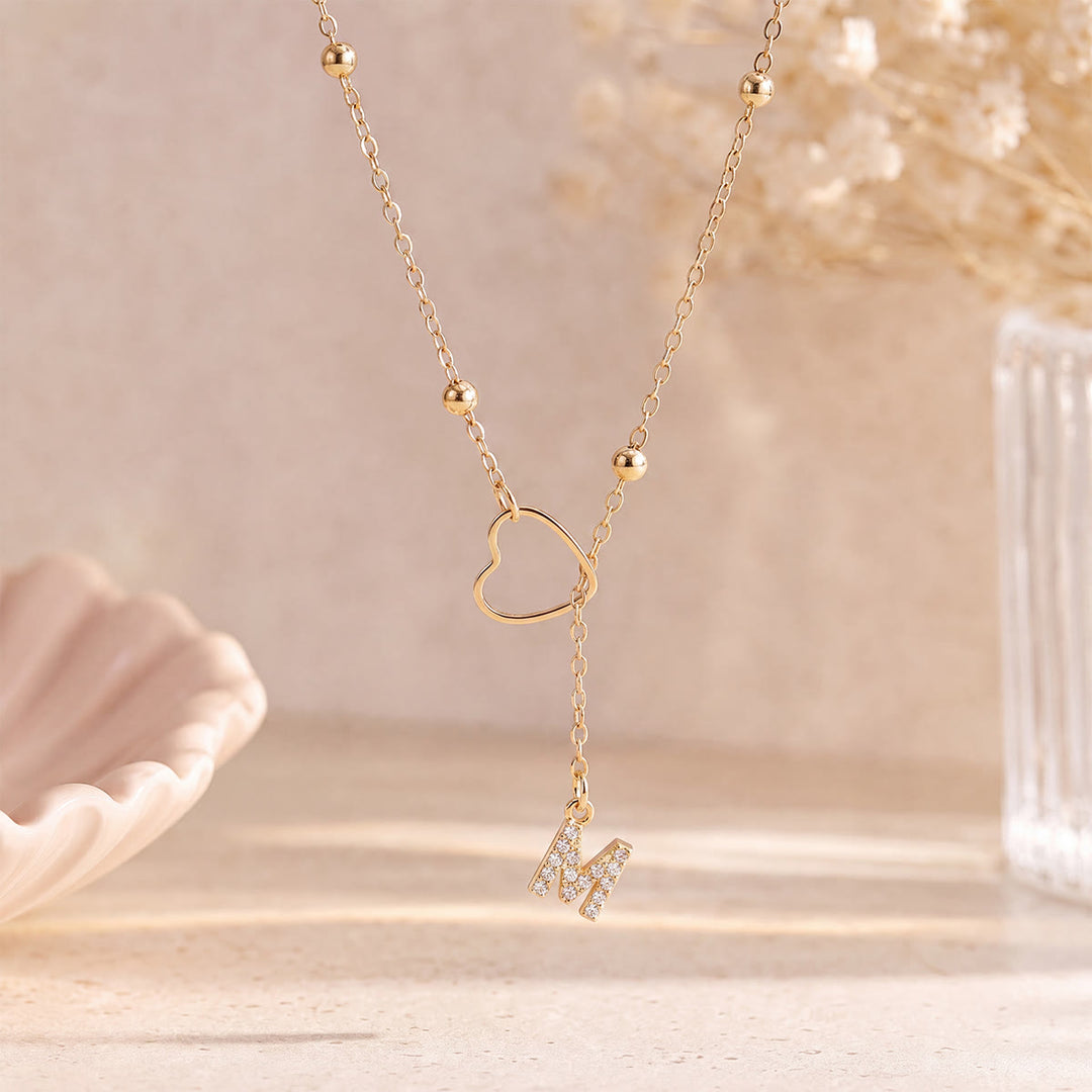 HilalHaven Hollow Heart Slider Frame Personalized Crystal Letter Minimal Beaded Necklace - Golden - M - image 12