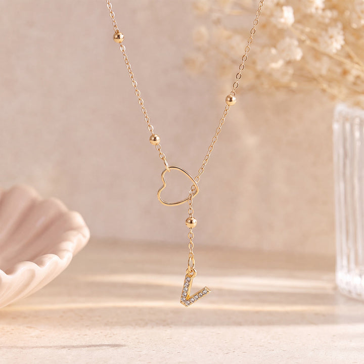 HilalHaven Hollow Heart Slider Frame Personalized Crystal Letter Minimal Beaded Necklace - Golden - V - image 21