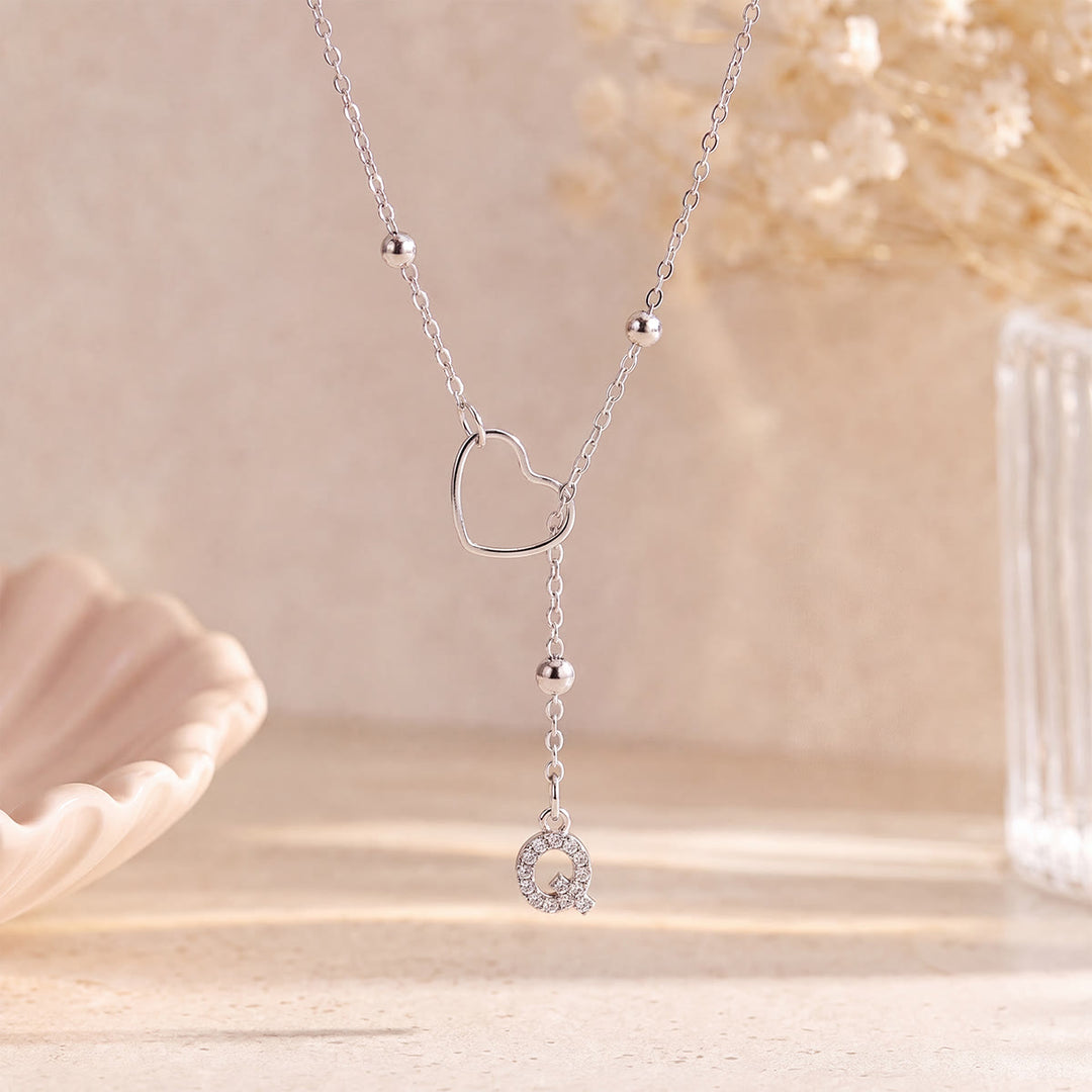 HilalHaven Hollow Heart Slider Frame Personalized Crystal Letter Minimal Beaded Necklace - Silver - Q - image 42