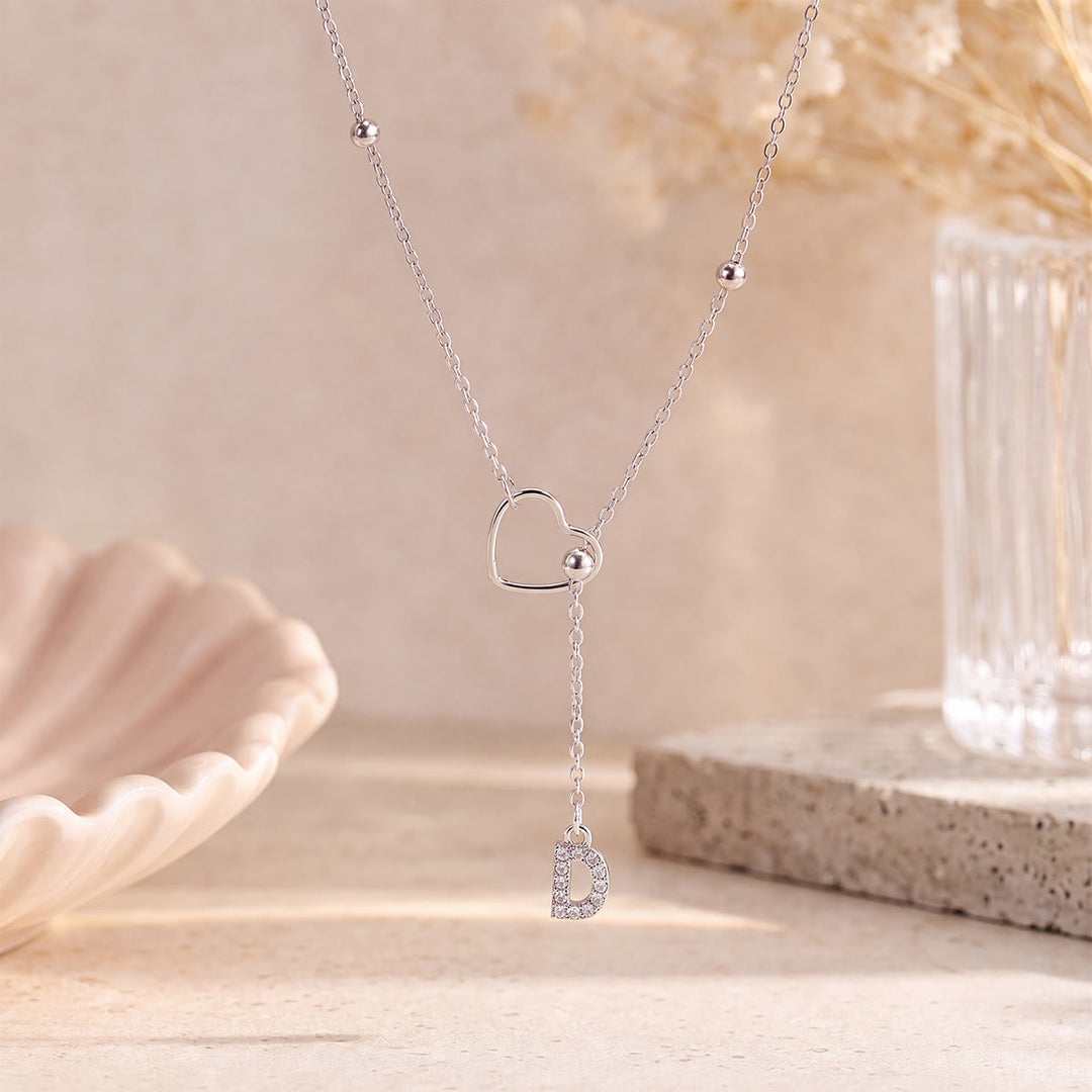 HilalHaven Hollow Heart Slider Frame Personalized Crystal Letter Minimal Beaded Necklace - Silver - D - image 29