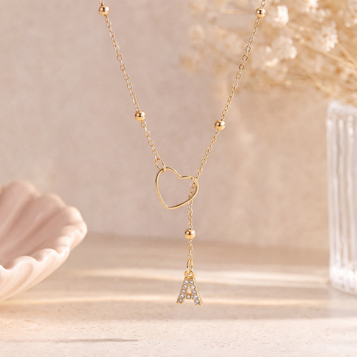 HilalHaven Hollow Heart Slider Frame Personalized Crystal Letter Minimal Beaded Necklace - Golden - A - image 0