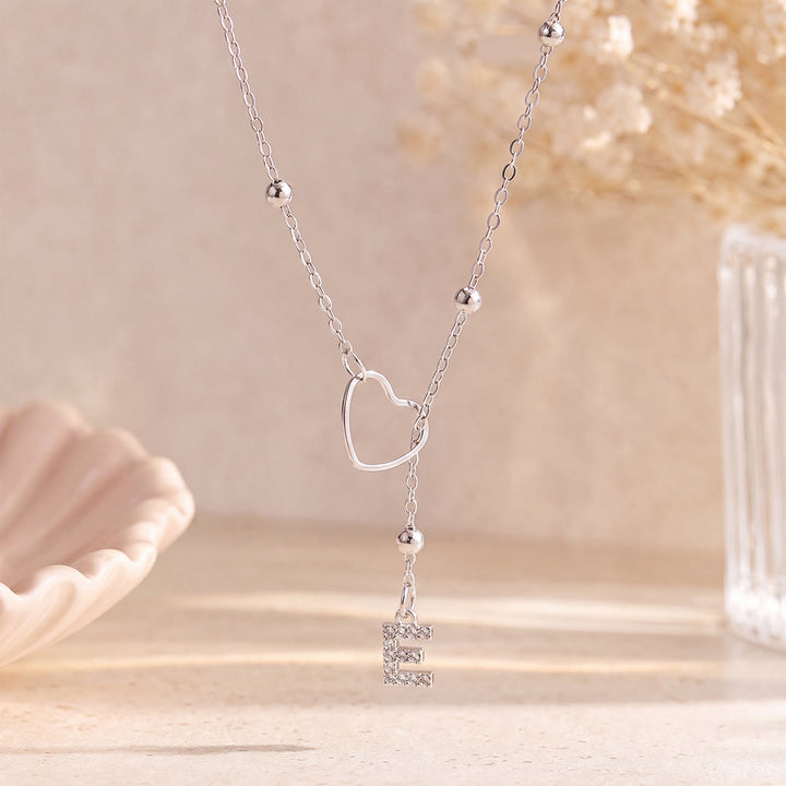 HilalHaven Hollow Heart Slider Frame Personalized Crystal Letter Minimal Beaded Necklace - Silver - E - image 30