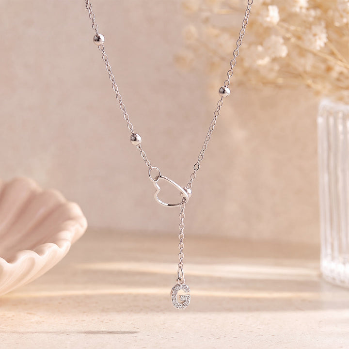 HilalHaven Hollow Heart Slider Frame Personalized Crystal Letter Minimal Beaded Necklace - Silver - G - image 32