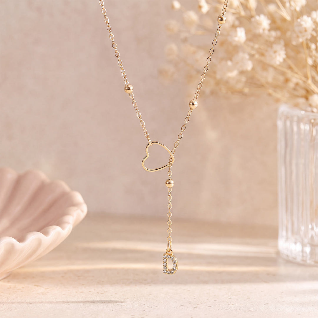 HilalHaven Hollow Heart Slider Frame Personalized Crystal Letter Minimal Beaded Necklace - Golden - D - image 3