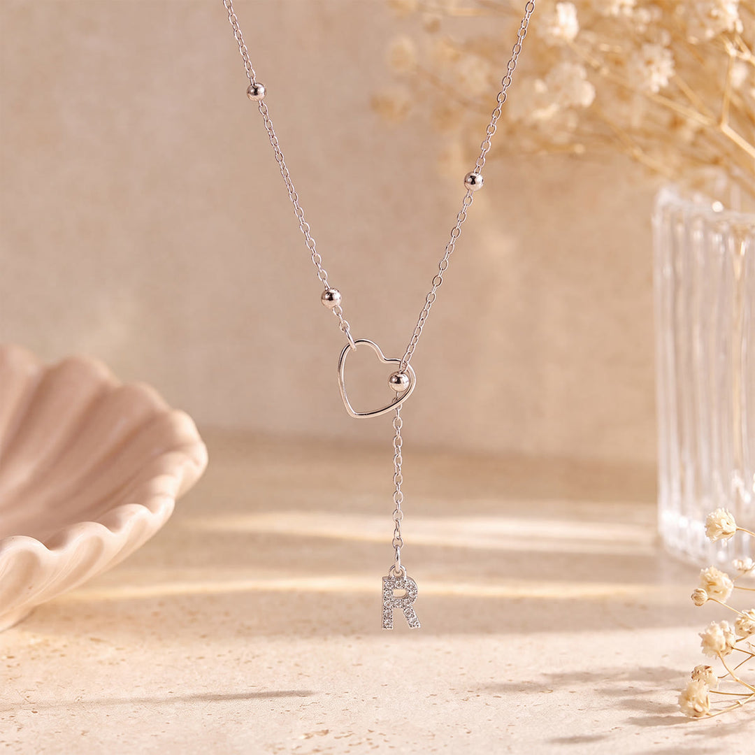 HilalHaven Hollow Heart Slider Frame Personalized Crystal Letter Minimal Beaded Necklace - Silver - R - image 43