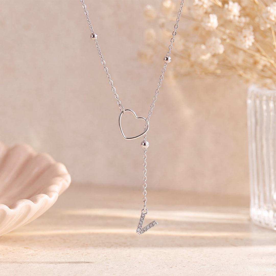 HilalHaven Hollow Heart Slider Frame Personalized Crystal Letter Minimal Beaded Necklace - Silver - V - image 47