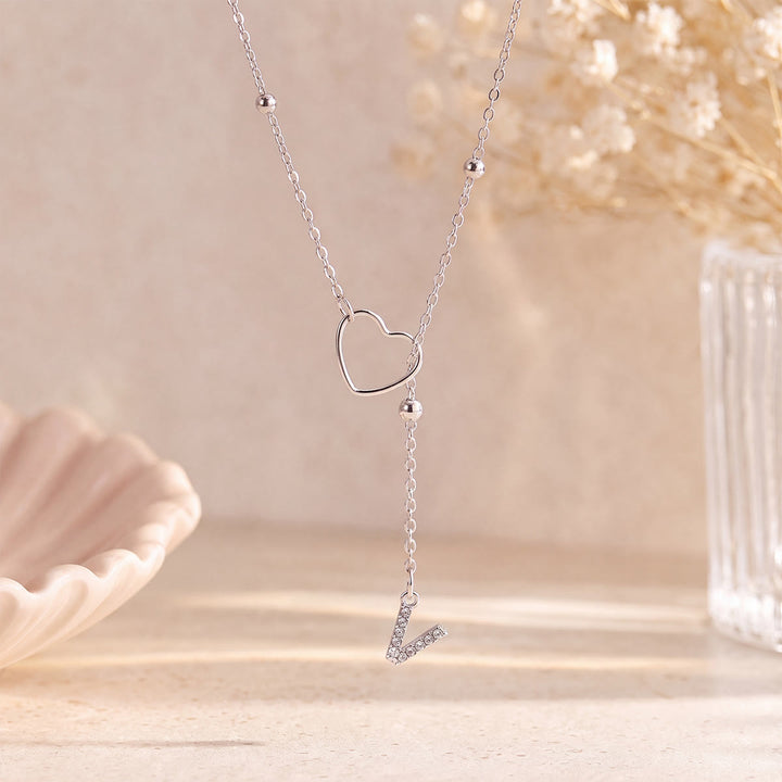 HilalHaven Hollow Heart Slider Frame Personalized Crystal Letter Minimal Beaded Necklace - Silver - V - image 47