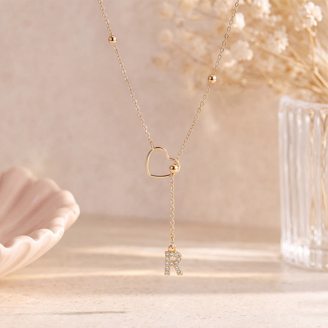 HilalHaven Hollow Heart Slider Frame Personalized Crystal Letter Minimal Beaded Necklace - Golden - R - image 17