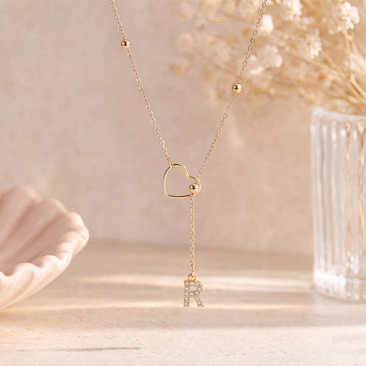 HilalHaven Hollow Heart Slider Frame Personalized Crystal Letter Minimal Beaded Necklace - Golden - R - image 17