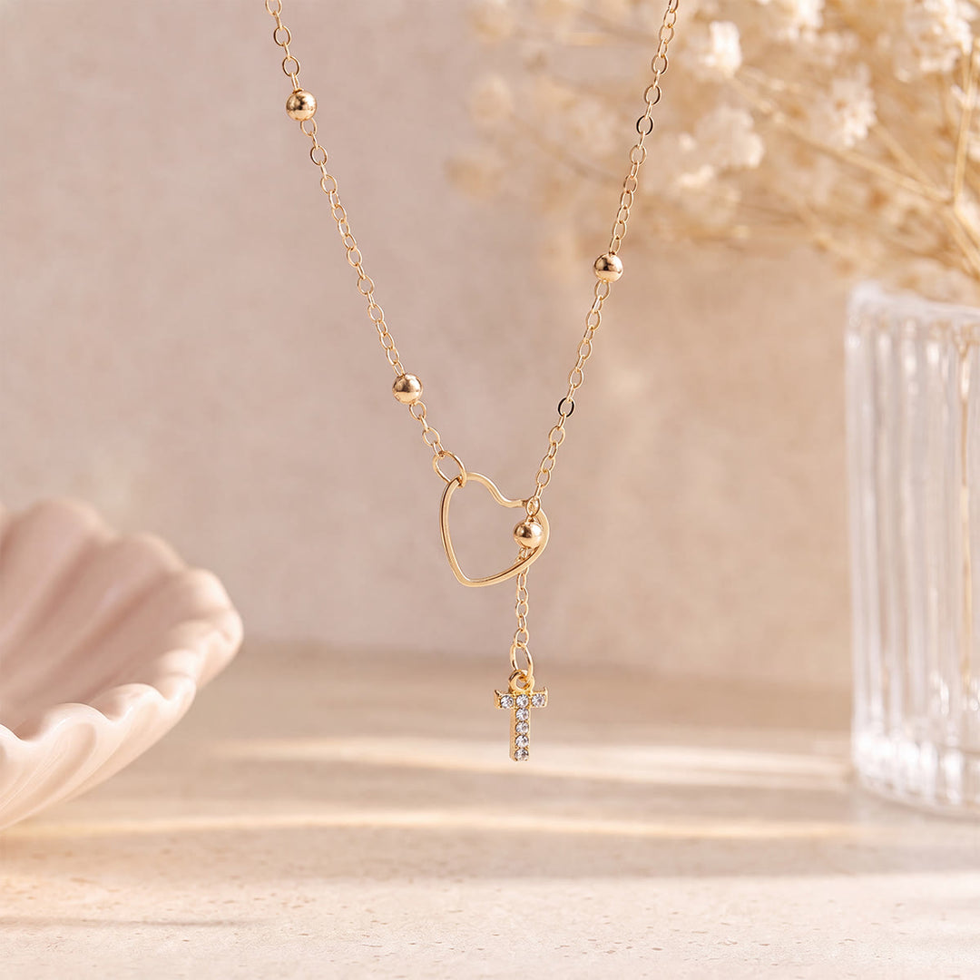 HilalHaven Hollow Heart Slider Frame Personalized Crystal Letter Minimal Beaded Necklace - Golden - T - image 19