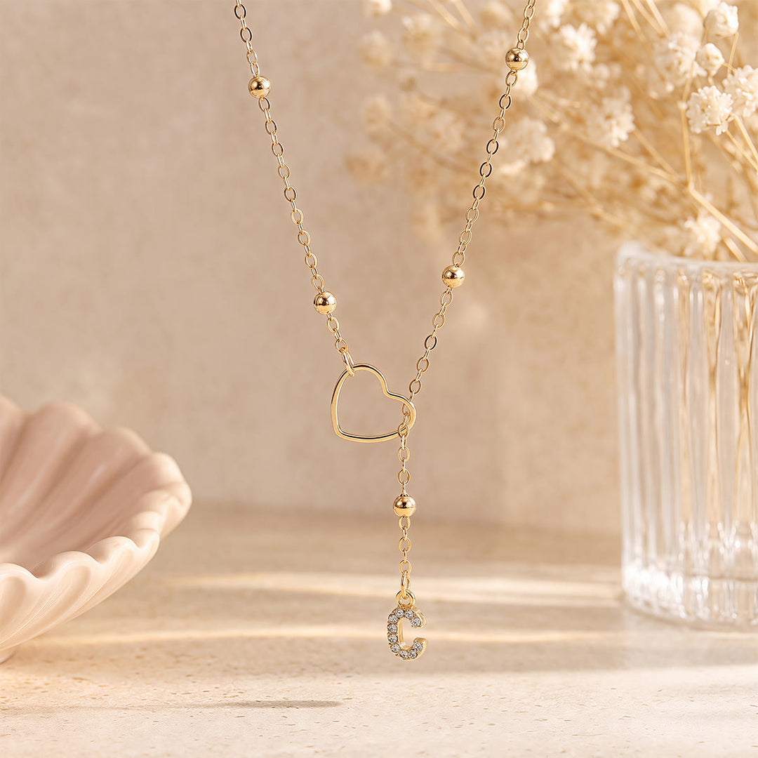 HilalHaven Hollow Heart Slider Frame Personalized Crystal Letter Minimal Beaded Necklace - Golden - C - image 2