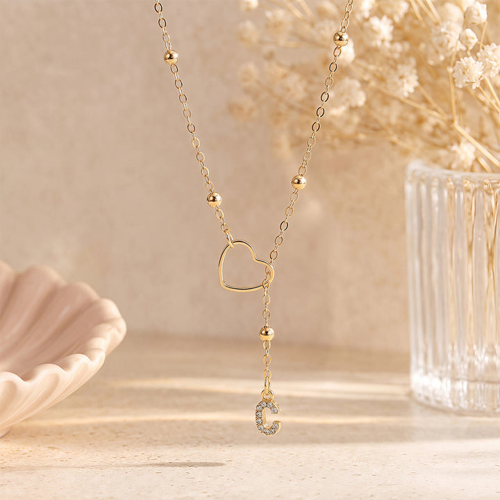HilalHaven Hollow Heart Slider Frame Personalized Crystal Letter Minimal Beaded Necklace - Golden - C - image 2