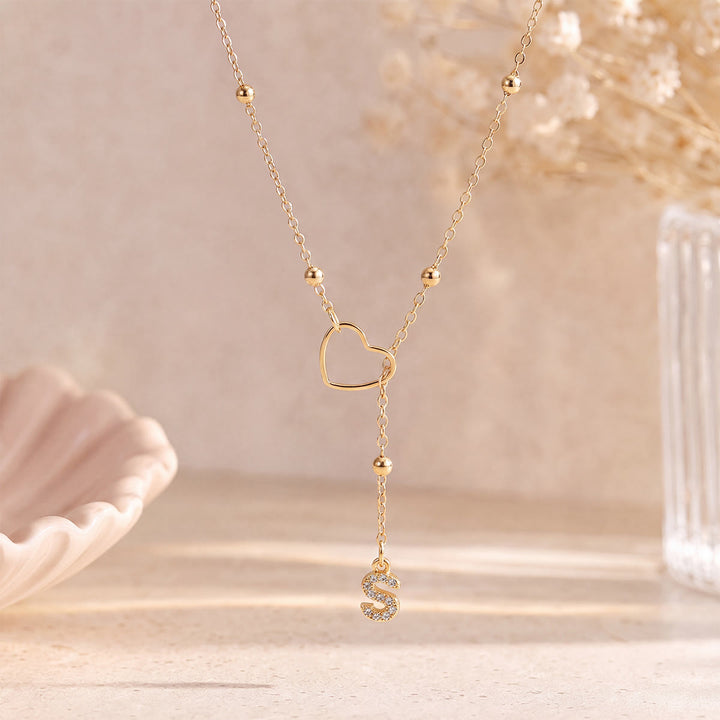 HilalHaven Hollow Heart Slider Frame Personalized Crystal Letter Minimal Beaded Necklace - Golden - S - image 18