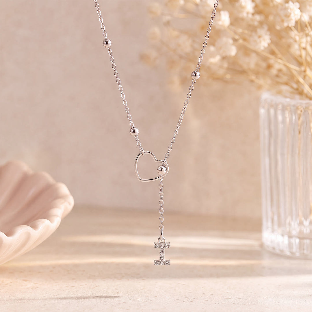 HilalHaven Hollow Heart Slider Frame Personalized Crystal Letter Minimal Beaded Necklace - Silver - I - image 34