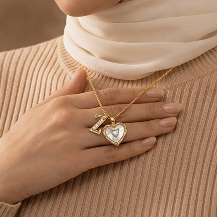 HilalHaven Wavy Heart Frame Mini Crystal Heart &amp; Custom Initial Pendant Necklace - image 0