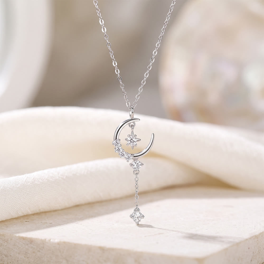 HilalHaven Crescent Star Crystal‑Inlaid Cross‑Chain Adjustable Alloy Necklace - image 0