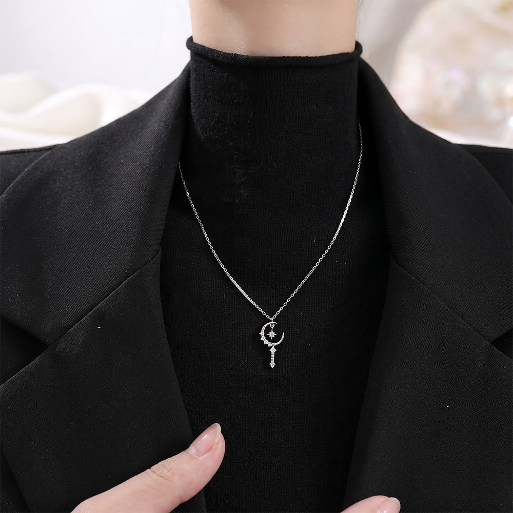 HilalHaven Crescent Star Crystal‑Inlaid Cross‑Chain Adjustable Alloy Necklace - image 1