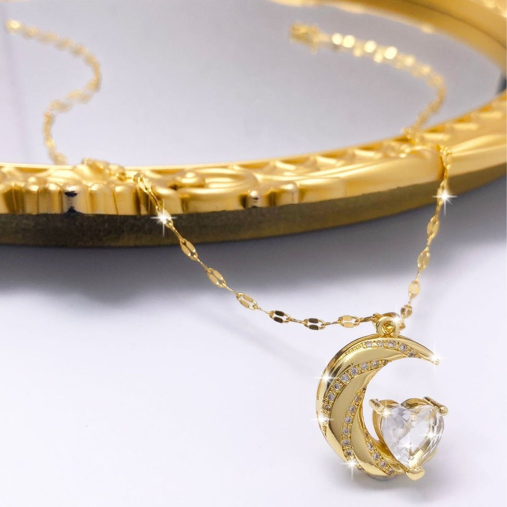 HilalHaven Curved Lunar Frame Heart Crystal Dainty Everyday Necklace - Curved Lunar Frame Heart Crystal Dainty Everyday Necklace - image 1