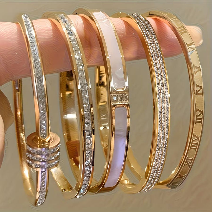HilalHaven Stackable Detailed Minimal Band Bracelet  - Golden - 5 Piece Bangle Set - image 0