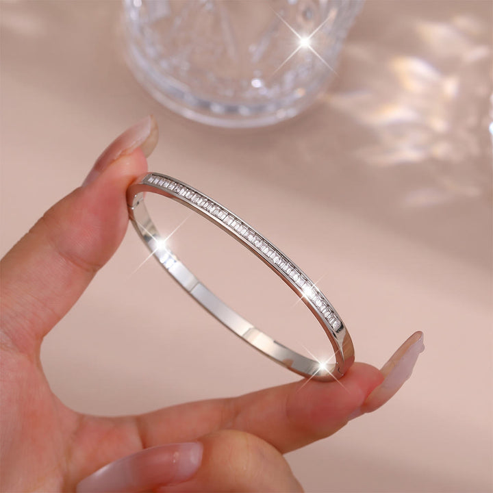 HilalHaven Stackable Detailed Minimal Band Bracelet  - Silver - Half Pave Diamond Bangle - image 11