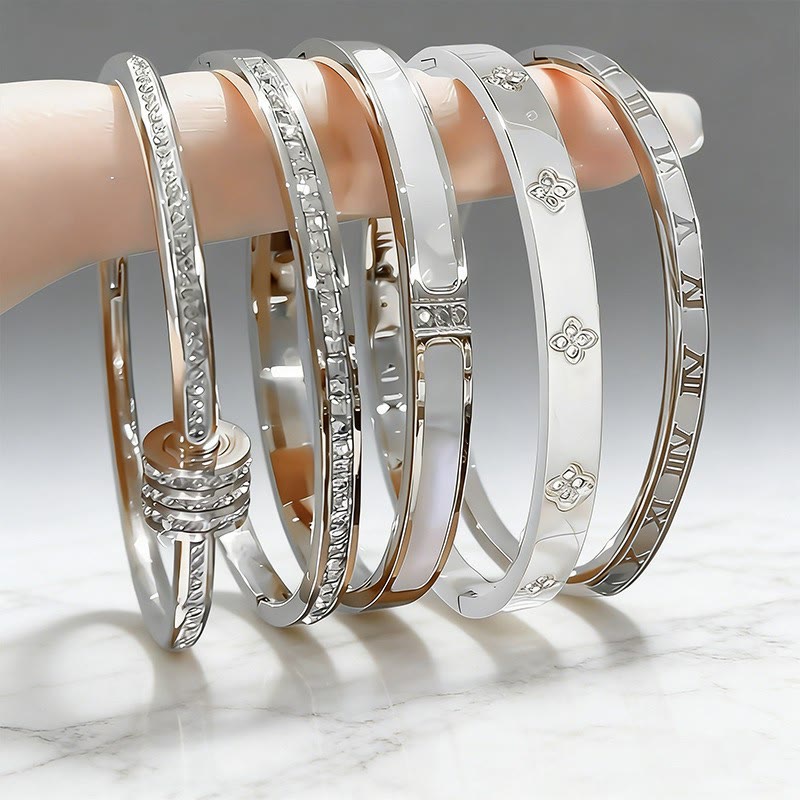 HilalHaven Stackable Detailed Minimal Band Bracelet  - Silver - 5 Piece Bangle Set - image 6