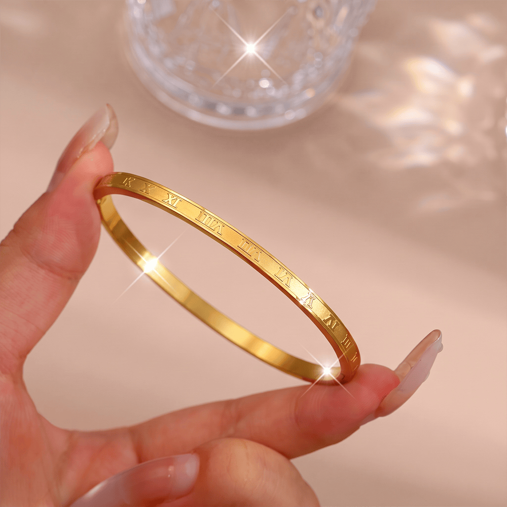 HilalHaven Stackable Detailed Minimal Band Bracelet  - Golden - Roman Numeral Engraved Bangle - image 3