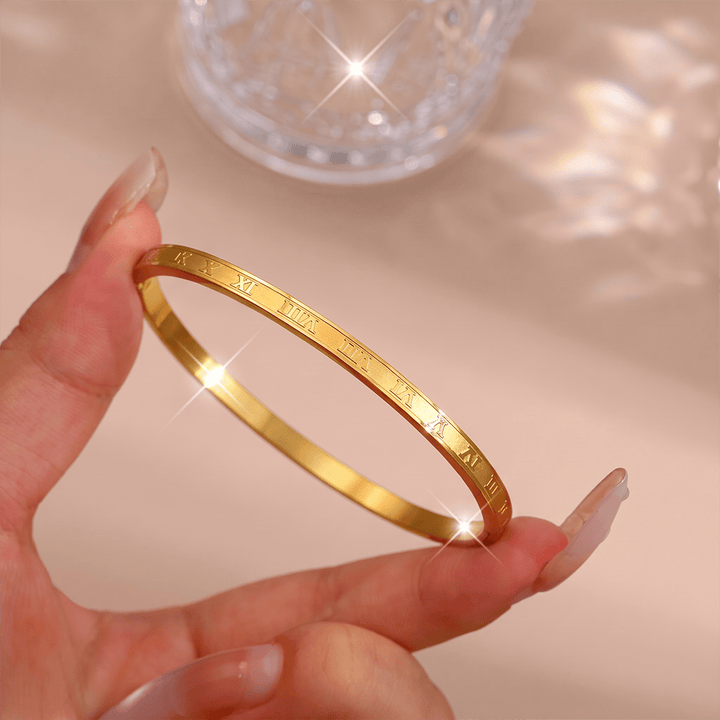HilalHaven Stackable Detailed Minimal Band Bracelet  - Golden - Roman Numeral Engraved Bangle - image 3