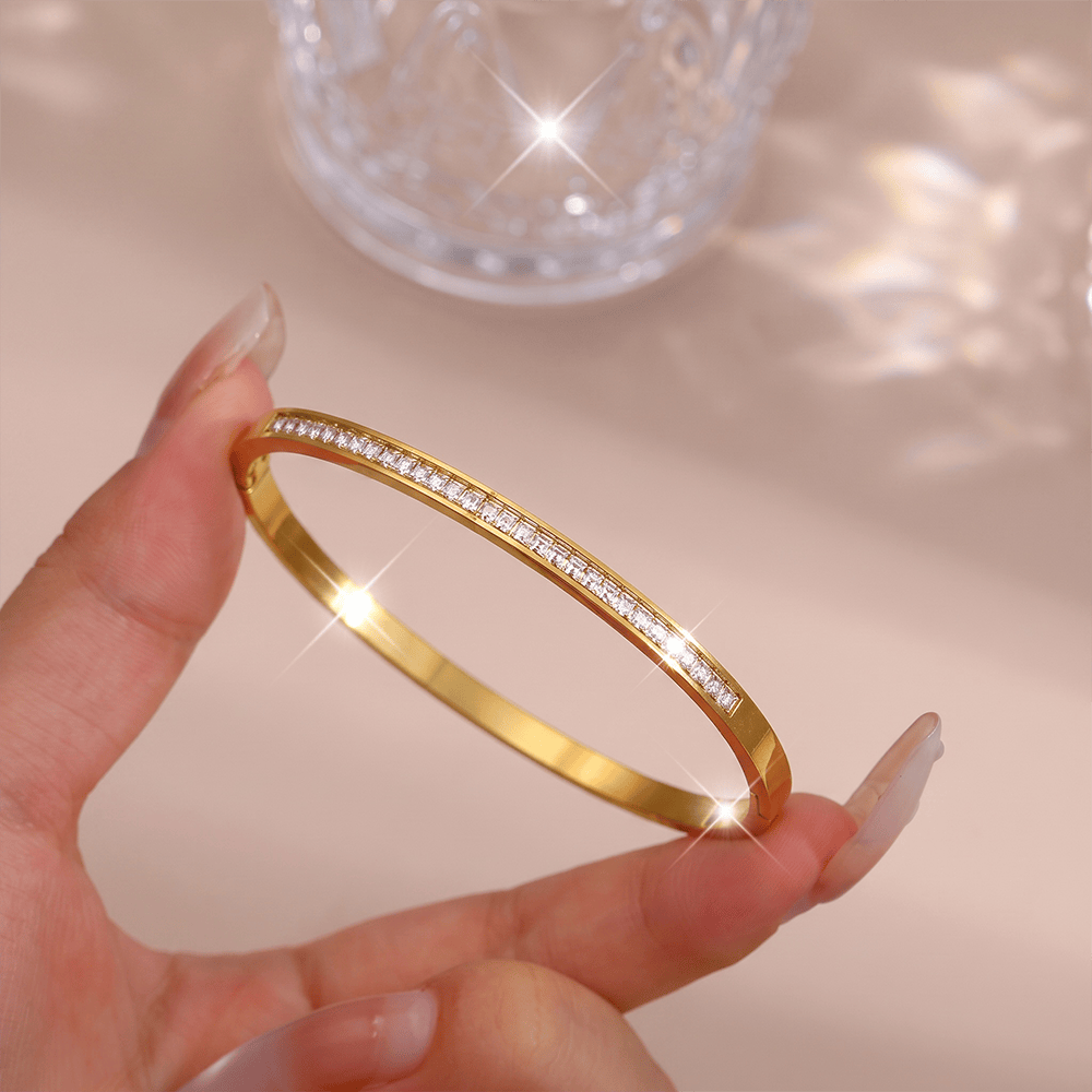 HilalHaven Stackable Detailed Minimal Band Bracelet  - Golden - Half Pave Diamond Bangle - image 5