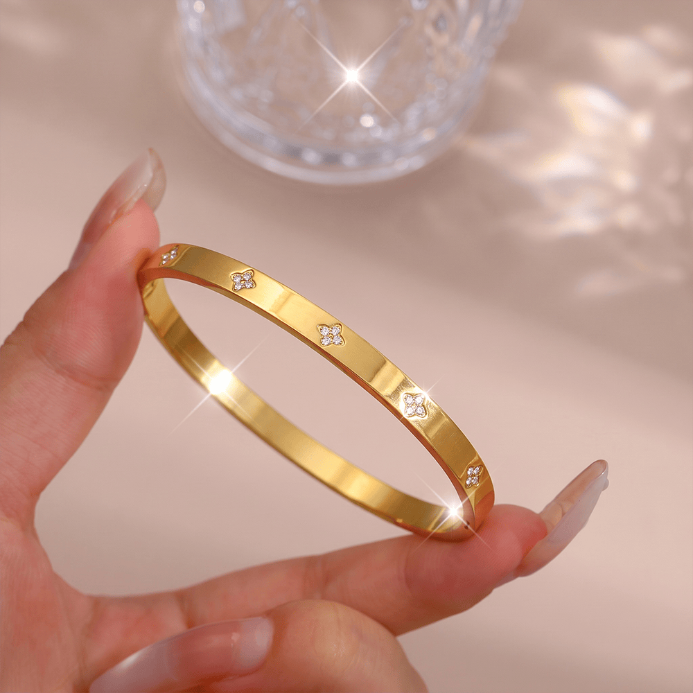 HilalHaven Stackable Detailed Minimal Band Bracelet  - Golden - Four Leaf Clover Bangle - image 2