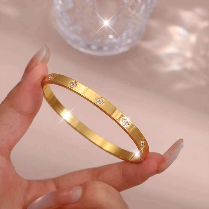 HilalHaven Stackable Detailed Minimal Band Bracelet  - Golden - Four Leaf Clover Bangle - image 2
