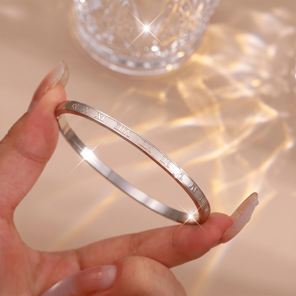 HilalHaven Stackable Detailed Minimal Band Bracelet  - Silver - Roman Numeral Engraved Bangle - image 9