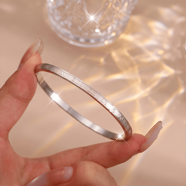 HilalHaven Stackable Detailed Minimal Band Bracelet  - Silver - Roman Numeral Engraved Bangle - image 9