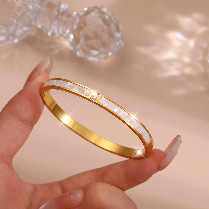 HilalHaven Stackable Detailed Minimal Band Bracelet  - Golden - Mother of Pearl Inlay Bangle - image 4