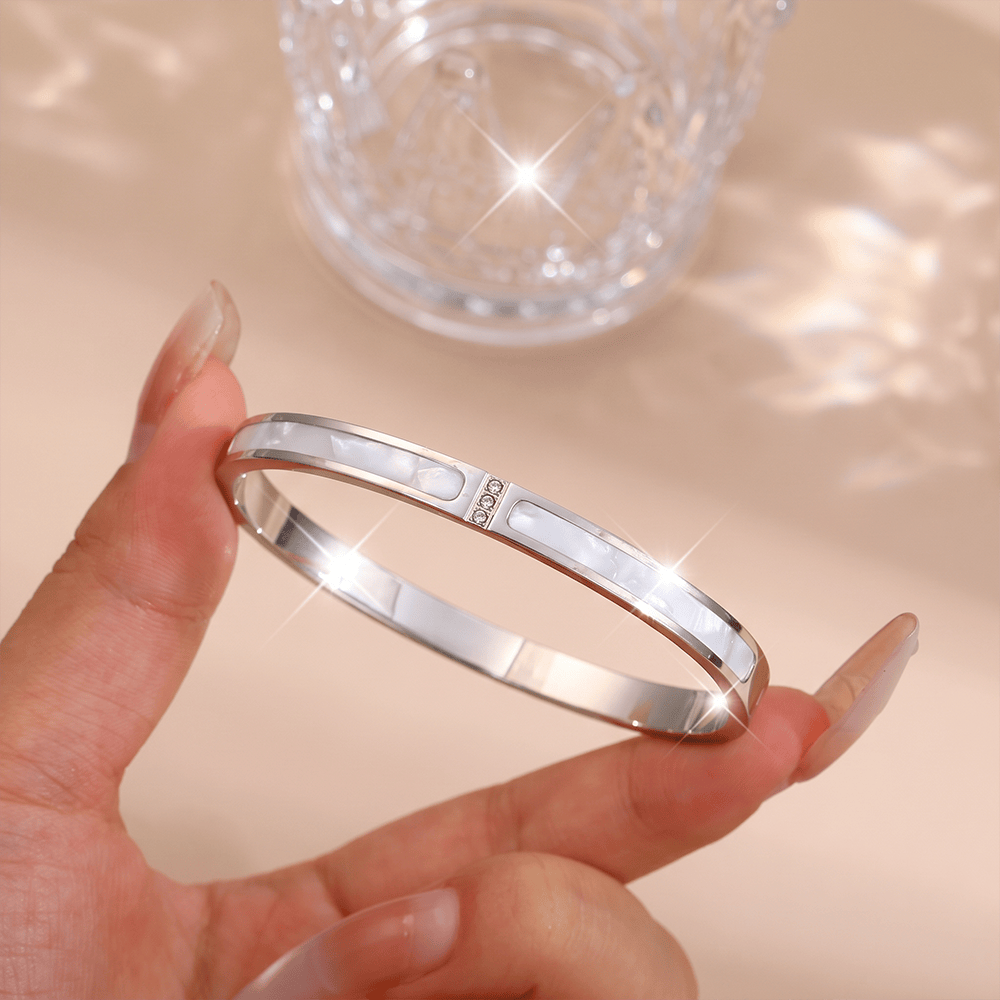 HilalHaven Stackable Detailed Minimal Band Bracelet  - Silver - Mother of Pearl Inlay Bangle - image 10
