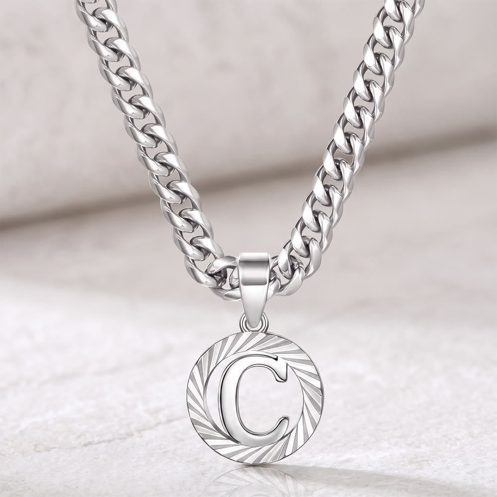 HilalHaven Minimal Engraved Initial Sun‑Ray Disc Heavy Cuban‑Chain Necklace - Silver - C - image 30