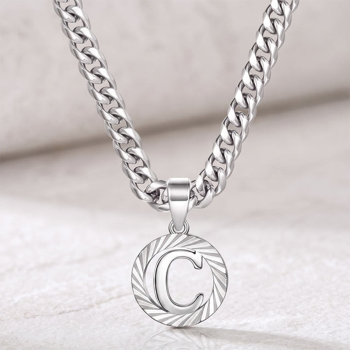 HilalHaven Minimal Engraved Initial Sun‑Ray Disc Heavy Cuban‑Chain Necklace - Silver - C - image 30