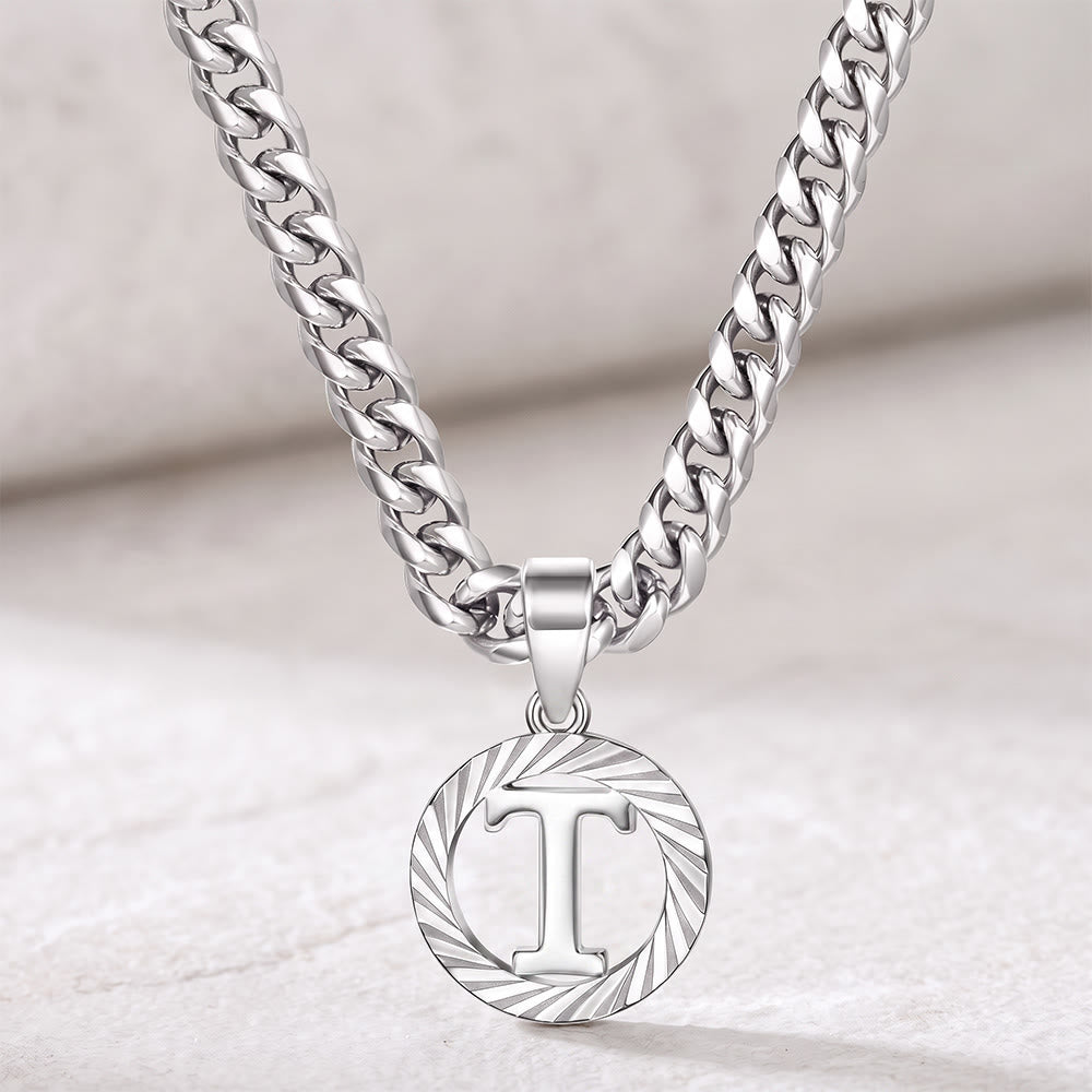 HilalHaven Minimal Engraved Initial Sun‑Ray Disc Heavy Cuban‑Chain Necklace - Silver - T - image 47