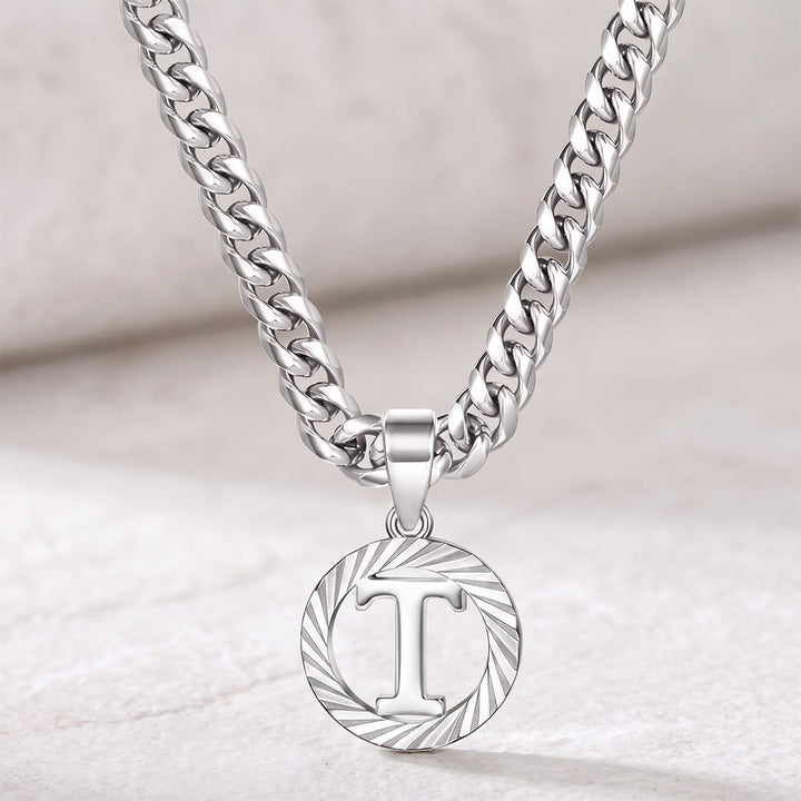 HilalHaven Minimal Engraved Initial Sun‑Ray Disc Heavy Cuban‑Chain Necklace - Silver - T - image 47