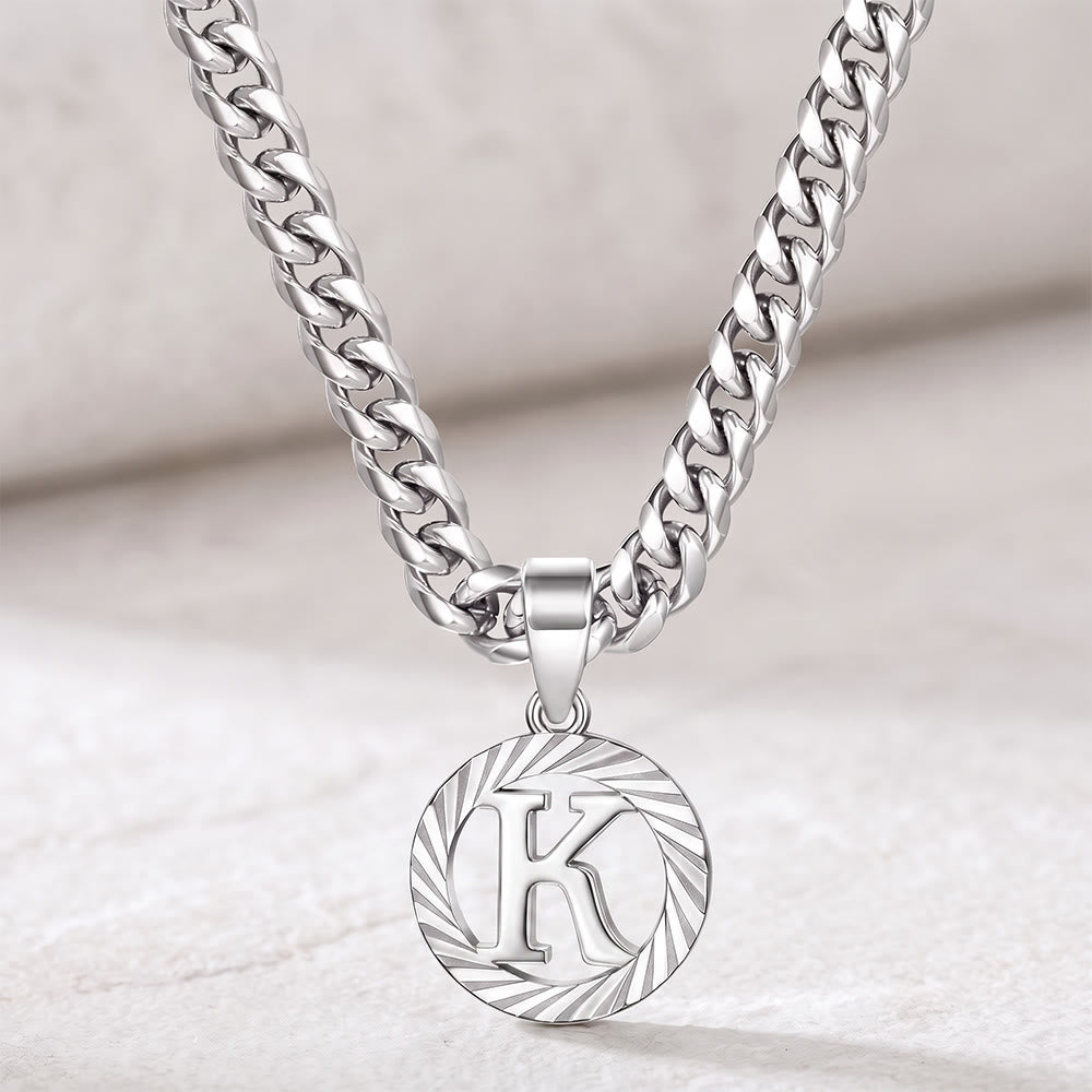 HilalHaven Minimal Engraved Initial Sun‑Ray Disc Heavy Cuban‑Chain Necklace - Silver - K - image 38