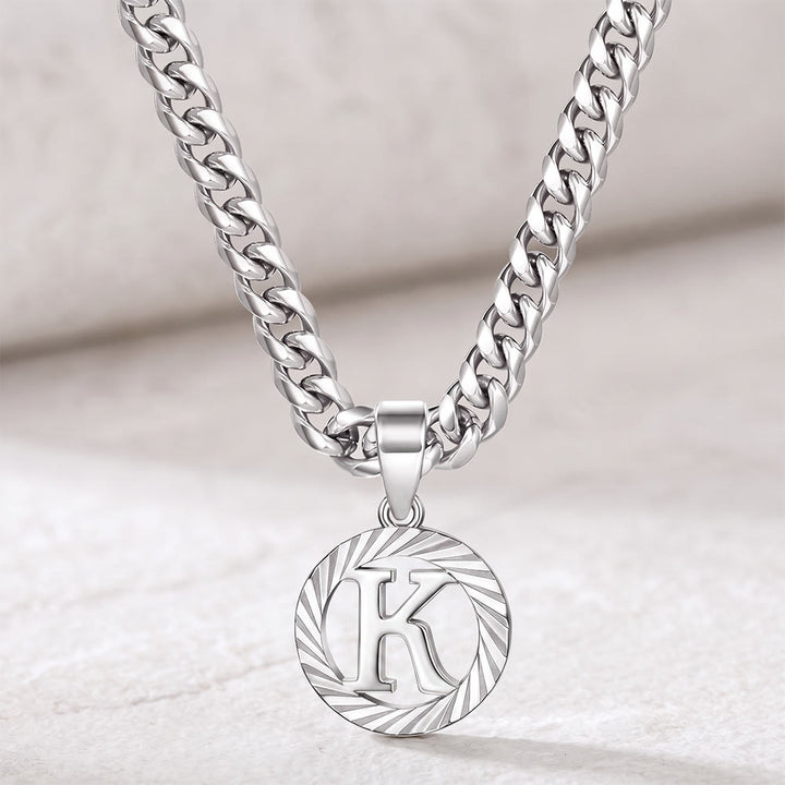 HilalHaven Minimal Engraved Initial Sun‑Ray Disc Heavy Cuban‑Chain Necklace - Silver - K - image 38