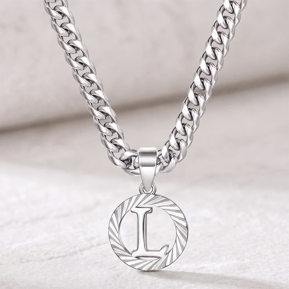 HilalHaven Minimal Engraved Initial Sun‑Ray Disc Heavy Cuban‑Chain Necklace - Silver - L - image 39