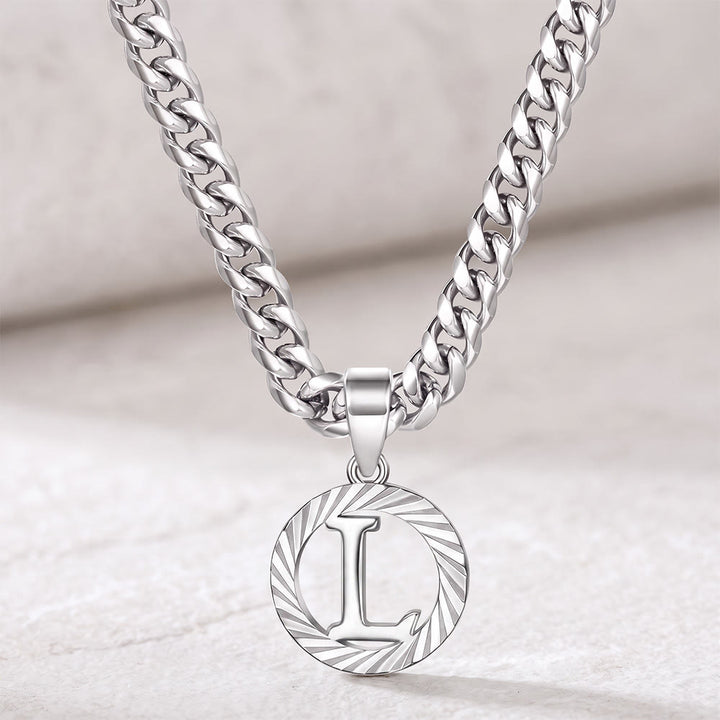 HilalHaven Minimal Engraved Initial Sun‑Ray Disc Heavy Cuban‑Chain Necklace - Silver - L - image 39