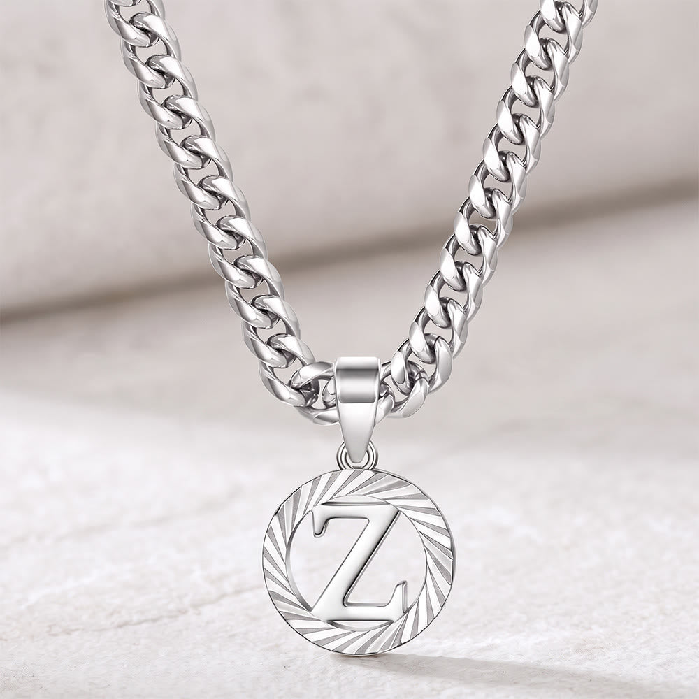 HilalHaven Minimal Engraved Initial Sun‑Ray Disc Heavy Cuban‑Chain Necklace - Silver - Z - image 53