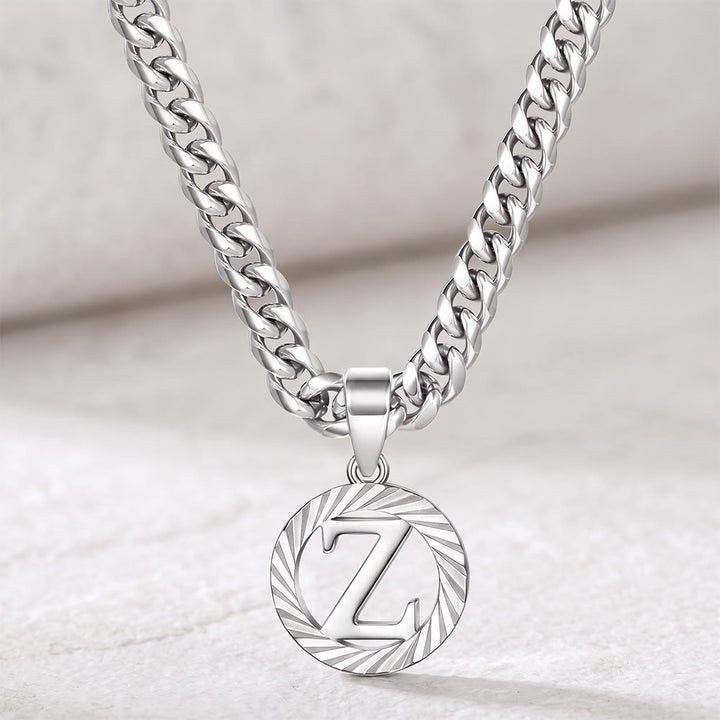HilalHaven Minimal Engraved Initial Sun‑Ray Disc Heavy Cuban‑Chain Necklace - Silver - Z - image 53