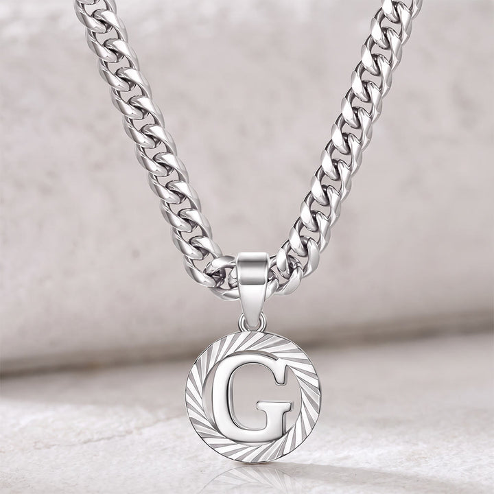HilalHaven Minimal Engraved Initial Sun‑Ray Disc Heavy Cuban‑Chain Necklace - Silver - G - image 34
